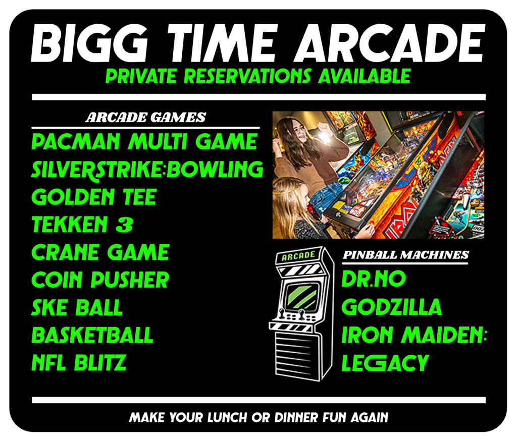 A list of games offered: pacman multi games bowling golden tee tekken 3 crane game coin pusher ske ball basketball blitz