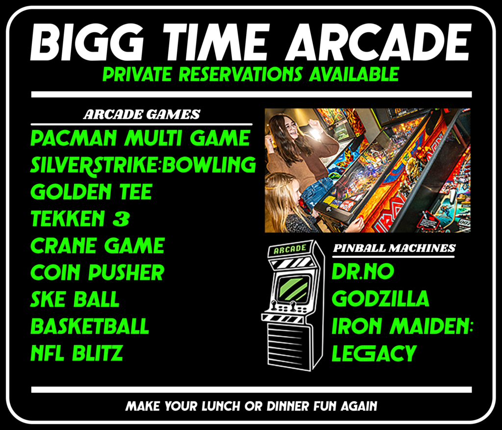 A list of games offered: pacman multi games bowling golden tee tekken 3 crane game coin pusher ske ball basketball blitz